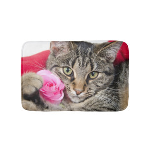 Cute Tabby Cat With Rose Bath Mat