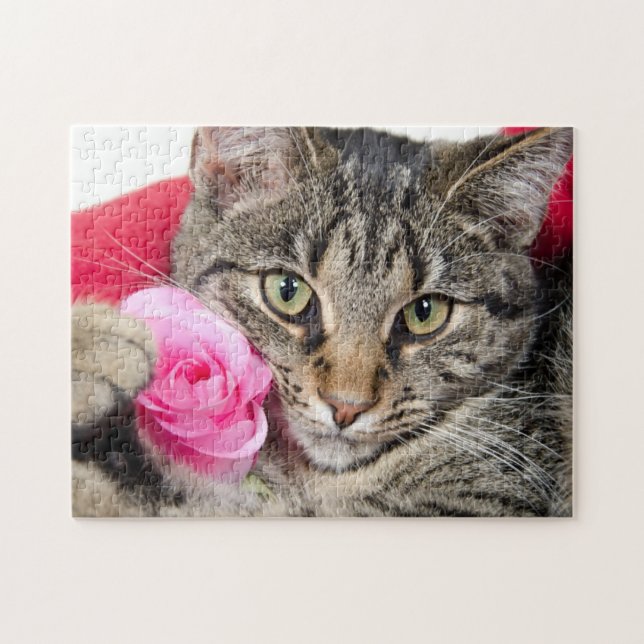 Cute Tabby Cat With Rose Jigsaw Puzzle (Horizontal)