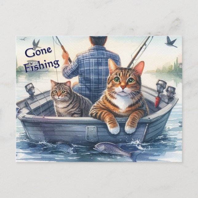 Cute Tabby Cats Gone Fishing with Dad  Holiday Postcard (Front)