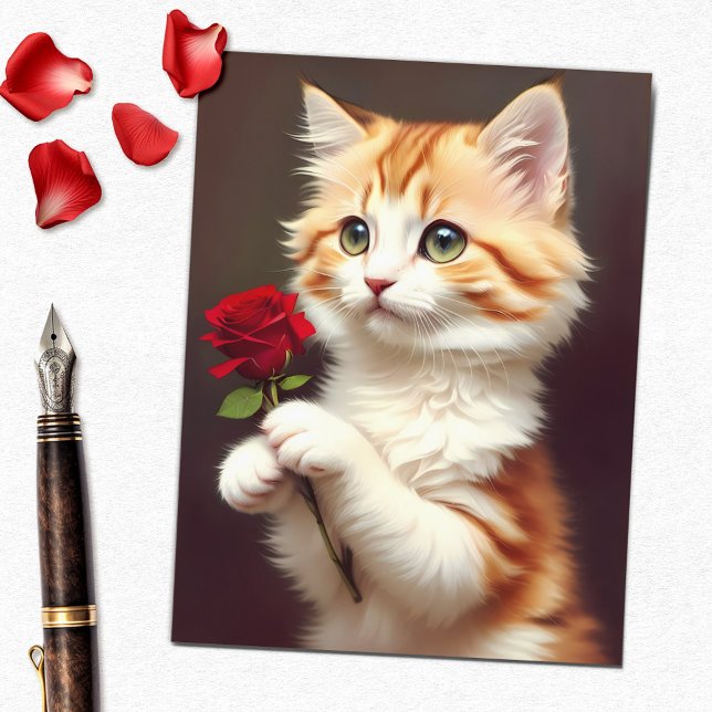 Cute Tabby Ginger Cat Holding a Red Rose Postcard (Creator Uploaded)
