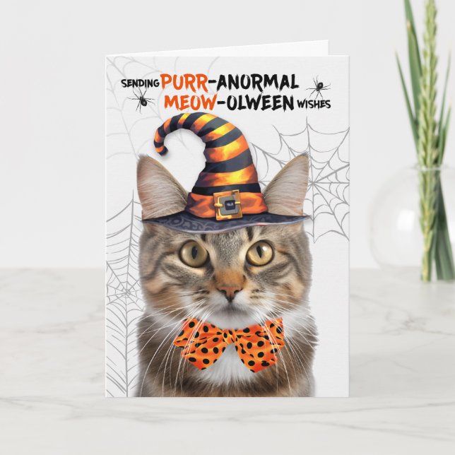 Cute Tabby Halloween Cat PURRanormal MEOWolween Holiday Card (Front)