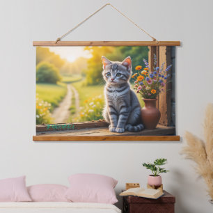 Cute Tabby Kitten by Window with Wildflowers Hanging Tapestry