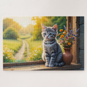 Cute Tabby Kitten by Window with Wildflowers Jigsaw Puzzle