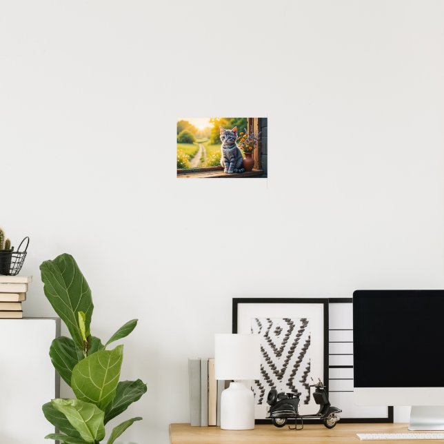 Cute Tabby Kitten by Window with Wildflowers Poster (Home Office)