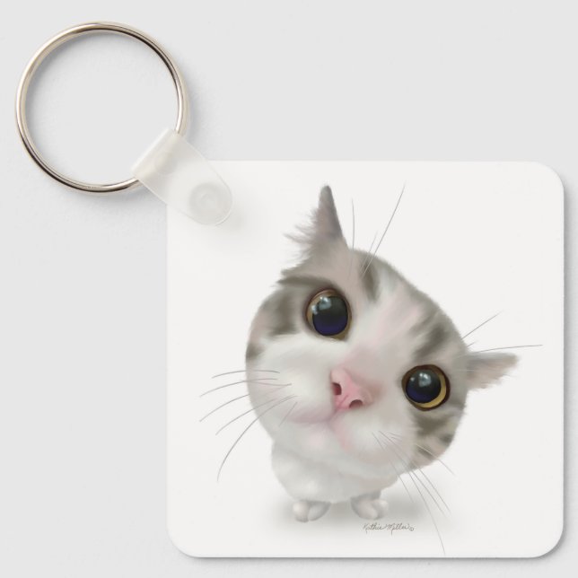 Cute Tabby Kitten Cartoon Key Ring (Front)