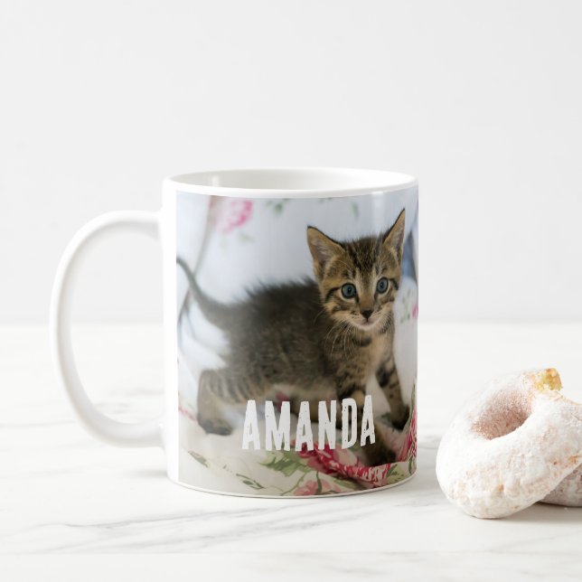 Cute Tabby Kitten Looking Surprised Coffee Mug (With Donut)