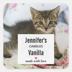 Cute Tabby Kitten Photo Candle Business Square Sticker