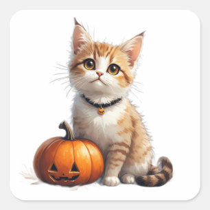 Cute Tabby Kitten With Autumn Pumpkin Theme 🎃 Square Sticker