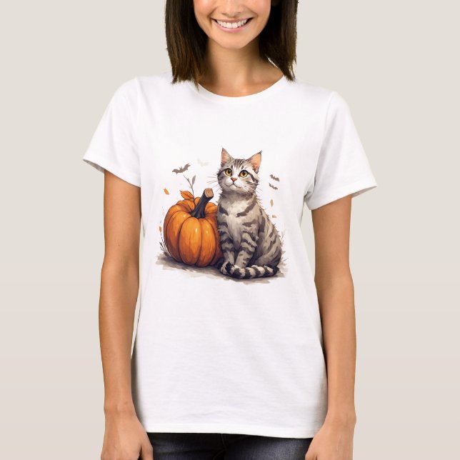 Cute Tabby Kitten With Pumpkin Halloween Fun 🎃 T-Shirt (Front)