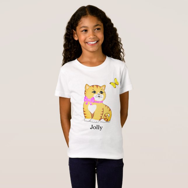 Cute Tabby Kitty Cat & Butterfly T-Shirt (Front Full)