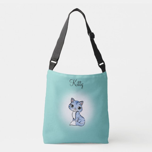 Cute tabby kitty cat on light teal crossbody bag (Front)