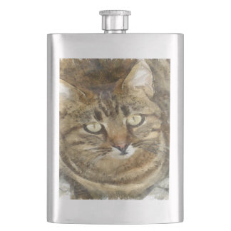 Cute Tabby Looking Up Pencil Sketch Hip Flask