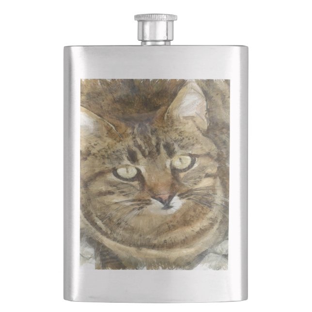 Cute Tabby Looking Up Pencil Sketch Hip Flask (Front)