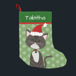 Cute Tabby Santa Cat Small Christmas Stocking<br><div class="desc">Create a personalised stocking for your cat or a cat lover. This design consists of a cute grey tabby cartoon cat with a Santa hat and Christmas colours with the ability to customise to your needs.  Original design by Night Owl's Menagerie,  2020.</div>