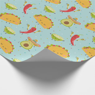 Cute Taco's Avocado Chilli Lime Party Blue  Wrapping Paper