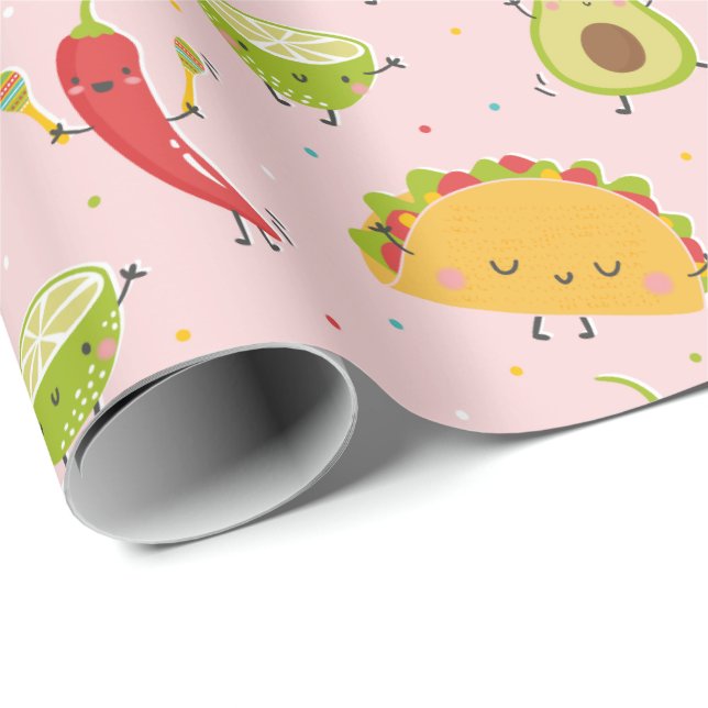 Cute Taco's Avocado Chilli Lime Party Pink Wrapping Paper (Roll Corner)