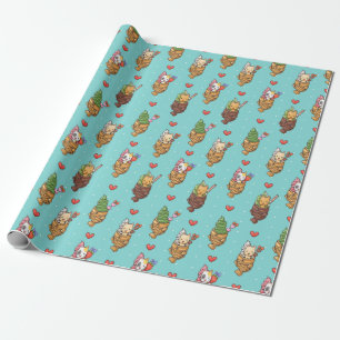 Cute Taiyaki Ice Cream Dessert Kawaii Cat Blue Wrapping Paper