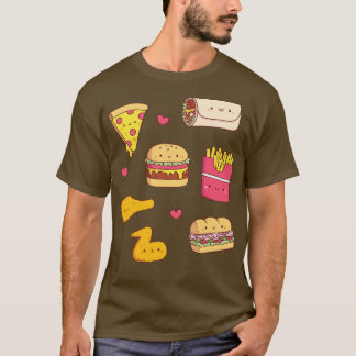 Cute Takeaway Food Doodles Pattern T-Shirt