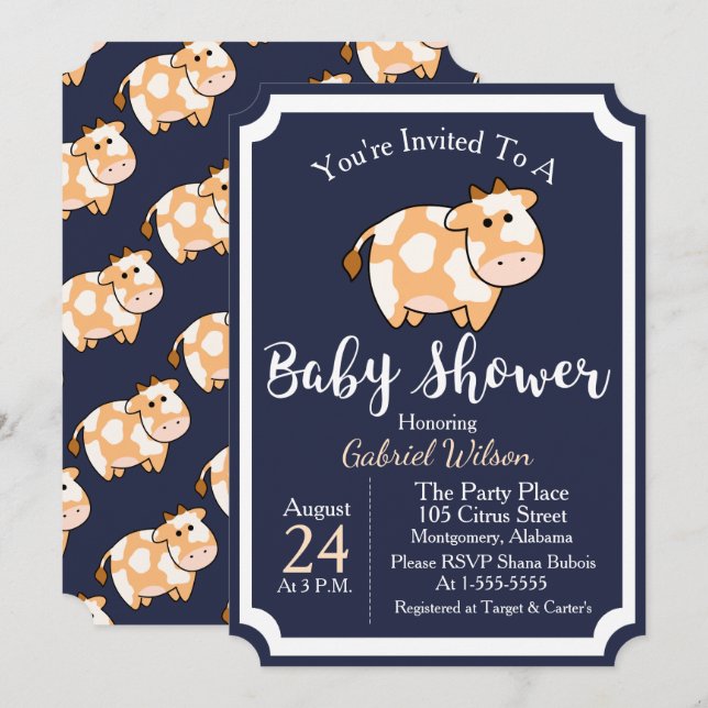Cute Tan Baby Cow Calf & Dark Blue Baby Shower Invitation (Front/Back)