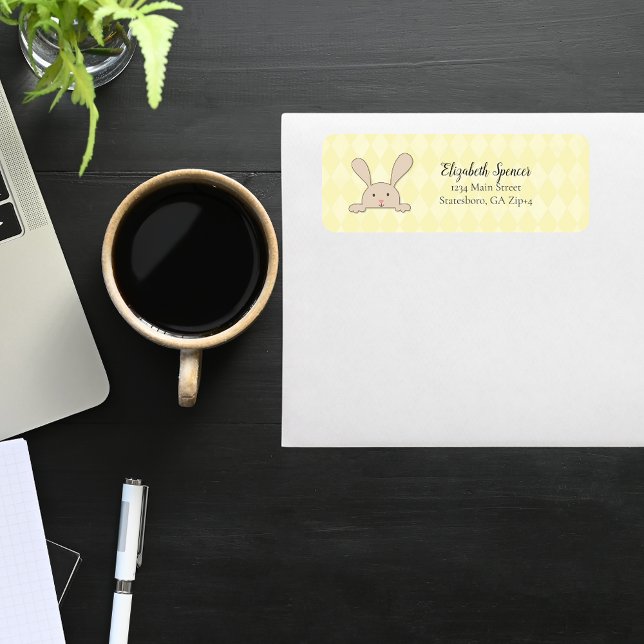 Cute Tan Bunny Rabbit Return Address Yellow Argyle (Creator Uploaded)