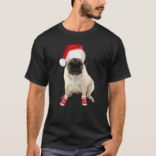 Cute Tan Pug Puppy Santa Hat Socks Image Christmas T-Shirt