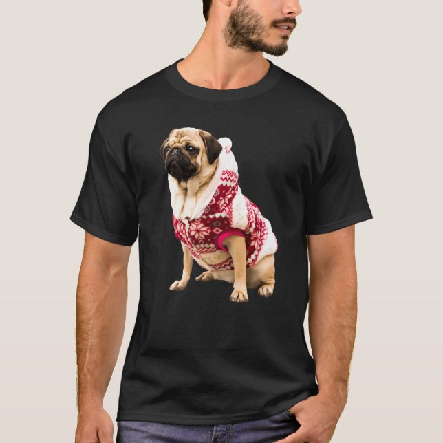 Cute Tan Pug Santa Hat Image Christmas Red Sweater (Front)