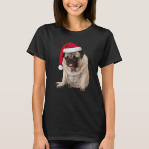 Cute Tan Pug Santa Hat Plaid Bowtie Image Christma T-Shirt