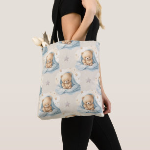CUTE TAN TEDDY BEAR IN BLUE BLANKET TOTE BAG