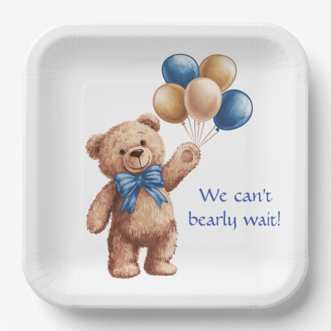 Cute Tan Teddy Bear with Balloons Boy Baby Shower Paper Plate (Front)