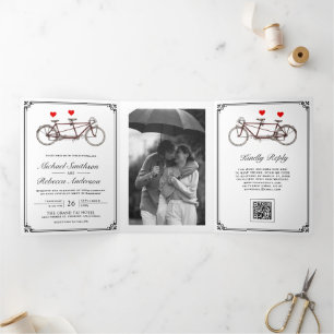 Cute Tandem Bicycle Photo QR Code Wedding Tri-Fold Invitation
