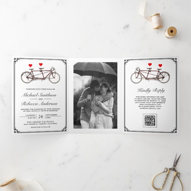 Cute Tandem Bicycle Photo QR Code Wedding Tri-Fold Invitation (Inside)