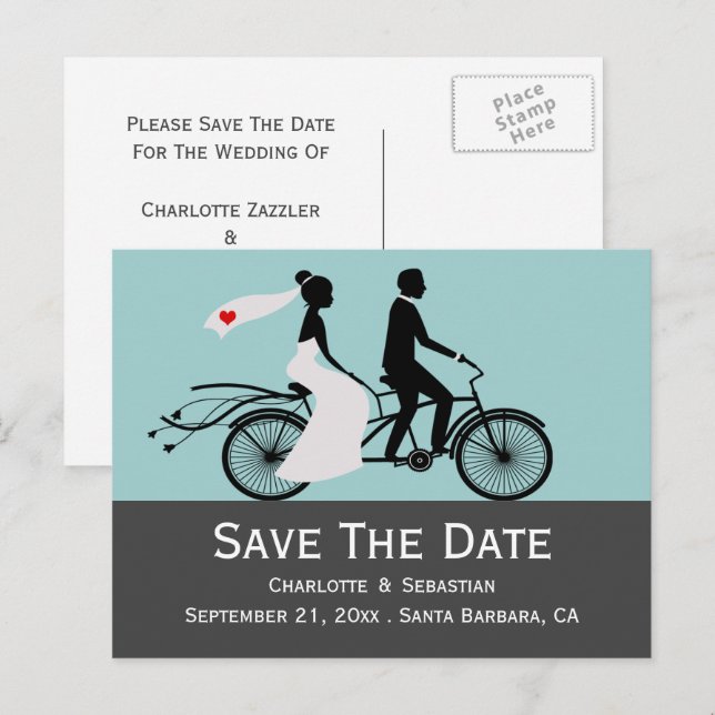 Cute Tandem Bike Bride And Groom Wedding Announcem Announcement Postcard (Front/Back)