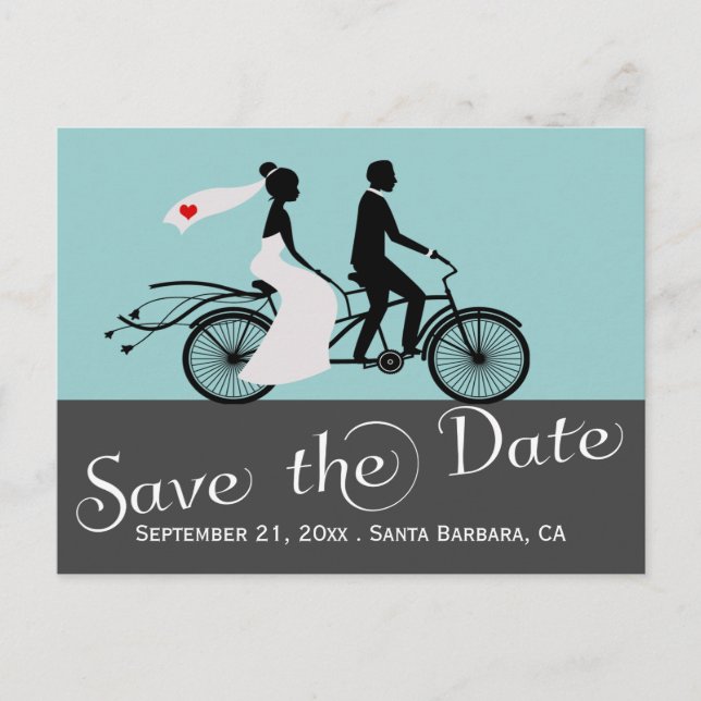 Cute Tandem Bike Bride And Groom Wedding Announcement Postcard (Front)