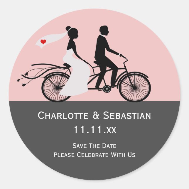 Cute Tandem Bike Bride And Groom Wedding Classic Round Sticker (Front)
