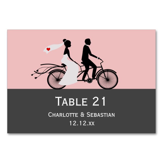 Cute Tandem Bike Bride And Groom Wedding Table Number (Front)