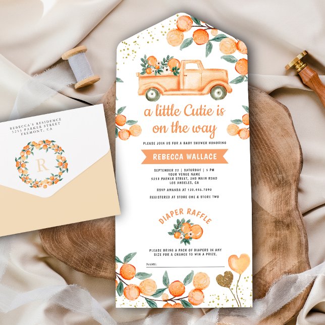 Cute Tangerine Citrus Orange Truck Baby Shower All In One Invitation (Creator Uploaded)