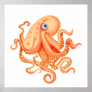 Cute tangerine octopus flowers on tentacles poster