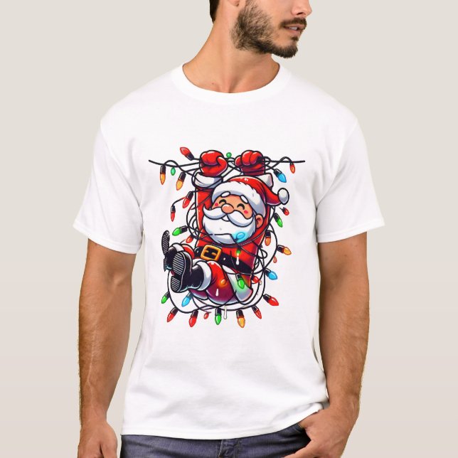 Cute Tangled Santa in Christmas Lights T-Shirt (Front)