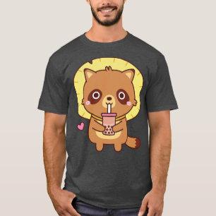 Cute Tanuki With Straw Hat Loves Bubble Tea T-Shirt