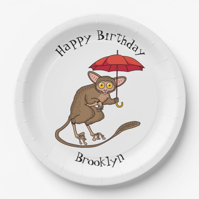 Cute Tarsier with umbrella cartoon illustration  Paper Plate (Front)