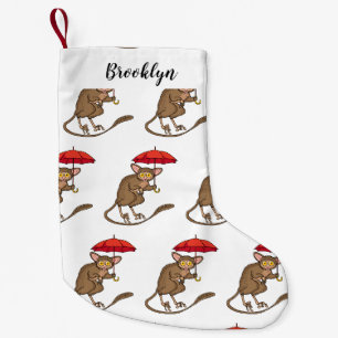 Cute Tarsier with umbrella cartoon illustration Small Christmas Stocking