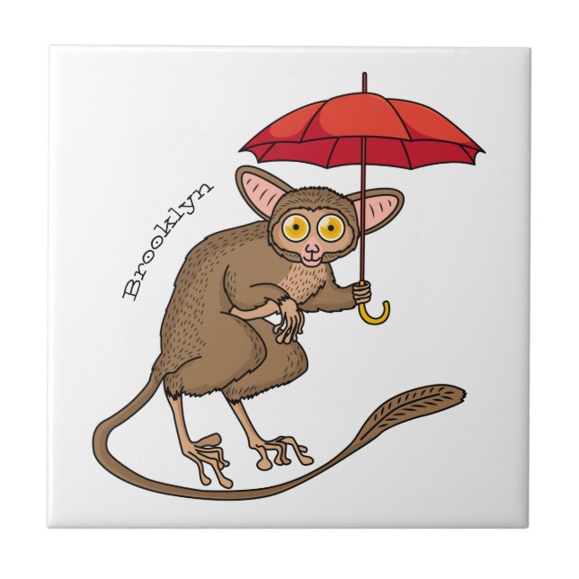 Cute Tarsier with umbrella cartoon illustration Tile (Front)
