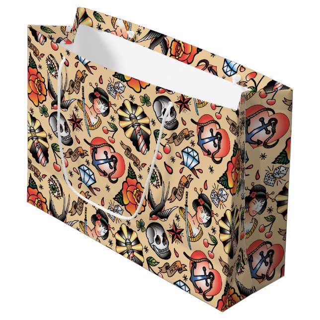 Cute tattoo lovers tiled party large gift bag (Front Angled)
