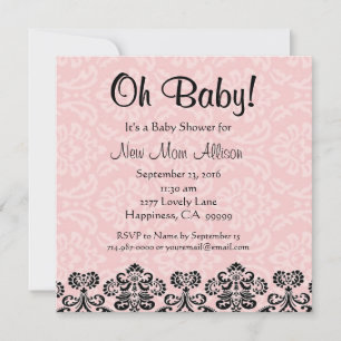 Cute Taupe Damask PINK Girl Baby Shower V03 Invitation