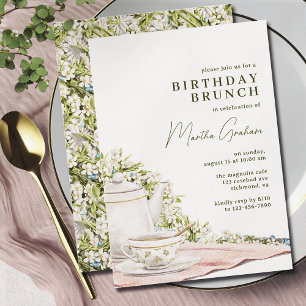 Cute Tea + Floral Garden Elegant Birthday Brunch Invitation