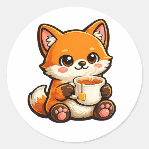 Cute Tea Fox Illustration – Cozy Fox Drinking Tea Classic Round Sticker