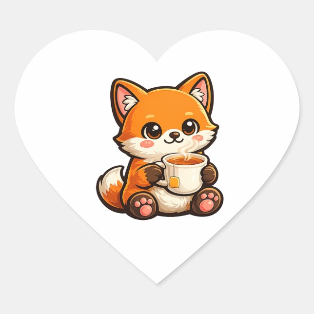 Cute Tea Fox Illustration – Cozy Fox Drinking Tea Heart Sticker (Front)