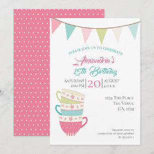 Cute Tea Party Birthday Personalised Colourful Invitation