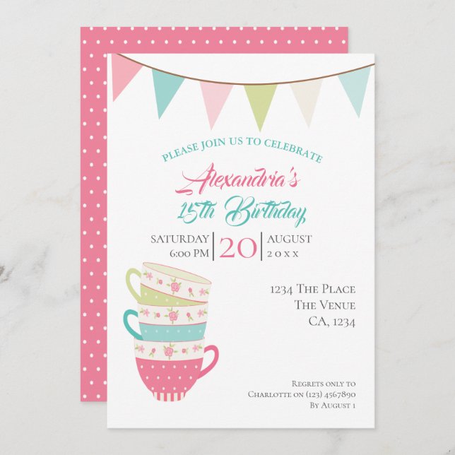 Cute Tea Party Birthday Personalised Colourful Invitation (Front/Back)