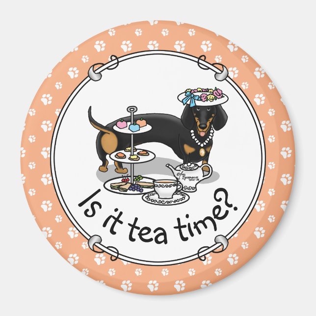 Cute Tea Party Dachshund Dog (black & tan) Funny Magnet (Front)